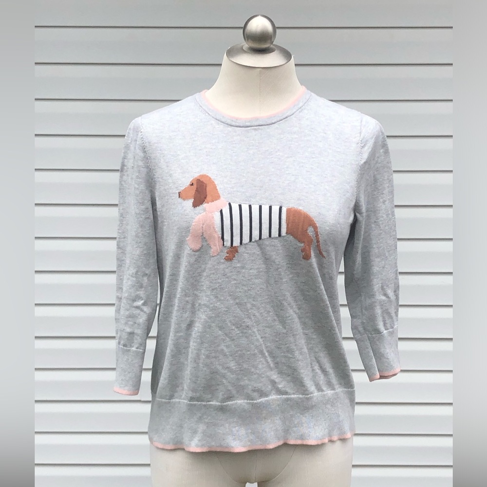 Lands End Light Grey & Peach Dachshund Sweater - Med. 10/12